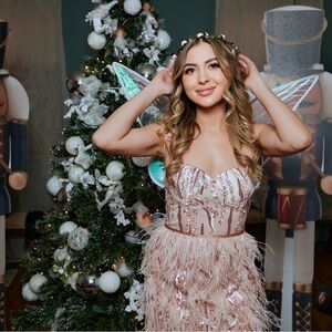 Sequin and Feather Strapless Dress